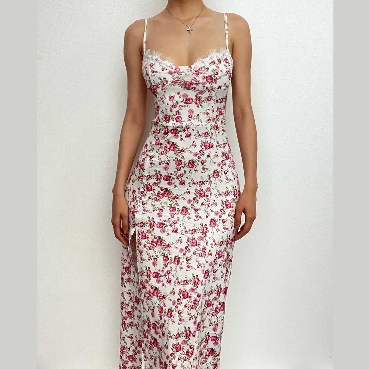 Flower pattern print lace up slit low cut cami midi dress  | red tango dress