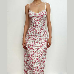 Flower pattern print lace up slit low cut cami midi dress  | red tango dress