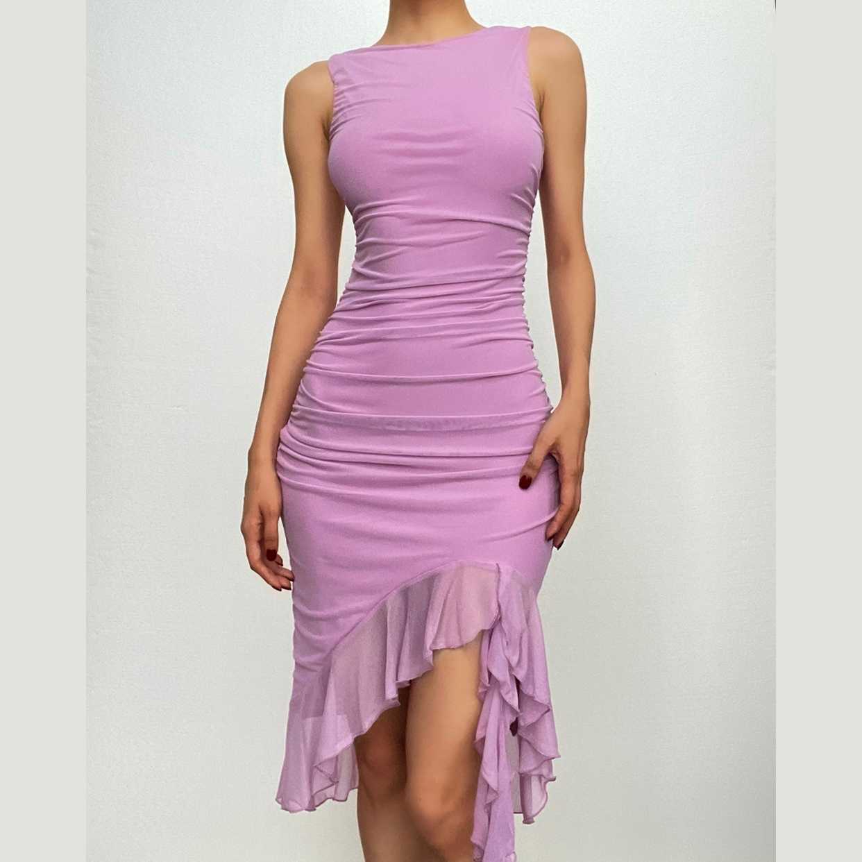 Ruched solid sleeveless ruffle zip-up backless midi dress  | red tango dress