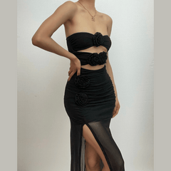 Flower applique sheer mesh hollow out solid backless zip-up slit tube midi dress  | samba dress