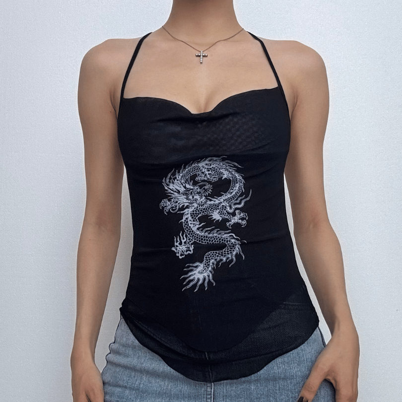 Cross back cowl neck print sheer mesh top
