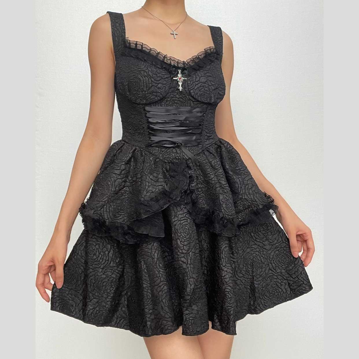 Backless lace up zip-up textured solid lace hem mini dress