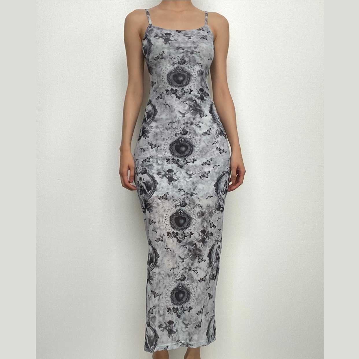 Slit contrast print sheer mesh see through u neck cami midi dress  | samba dress
