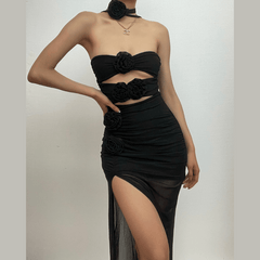 Flower applique sheer mesh hollow out solid backless zip-up slit tube midi dress  | samba dress