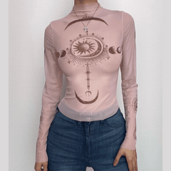 Sheer mesh abstract contrast see through long sleeve top