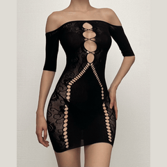Short sleeve hollow out off shoulder fishnet cut out mini dress