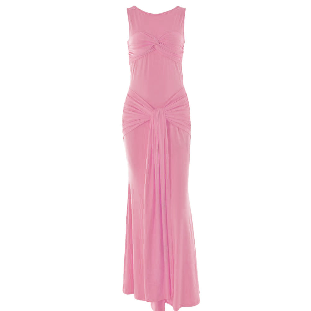 Sleeveless crewneck ruched knotted solid maxi dress