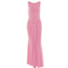 Sleeveless crewneck ruched knotted solid maxi dress