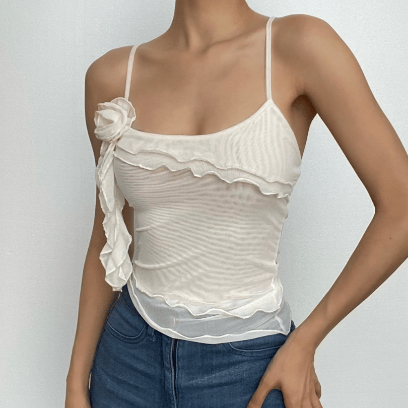 Sheer mesh flower applique ruffle u neck irregular crop top