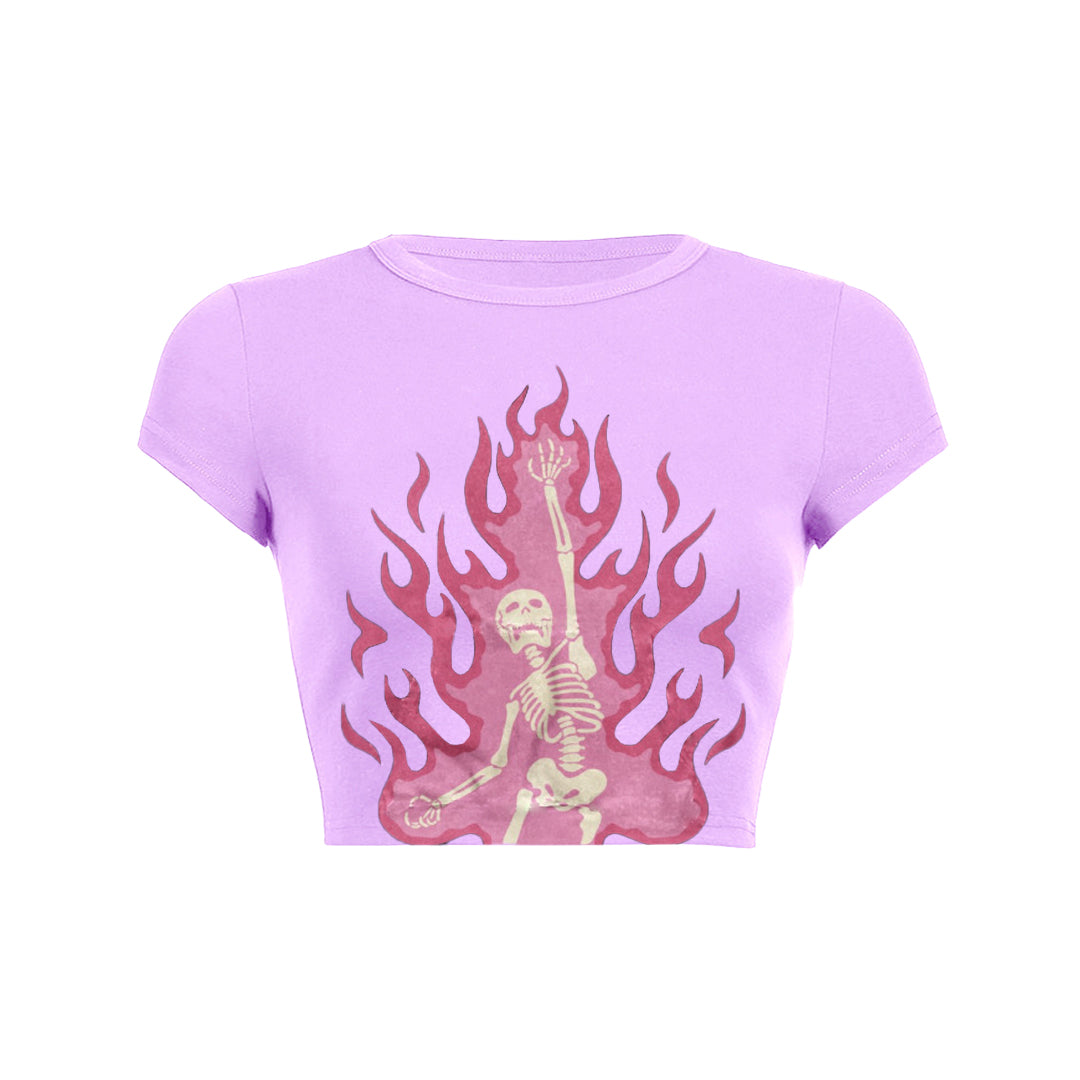 Pink fire skeleton print slant Baby Tee