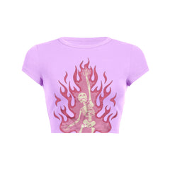 Pink fire skeleton print slant Baby Tee