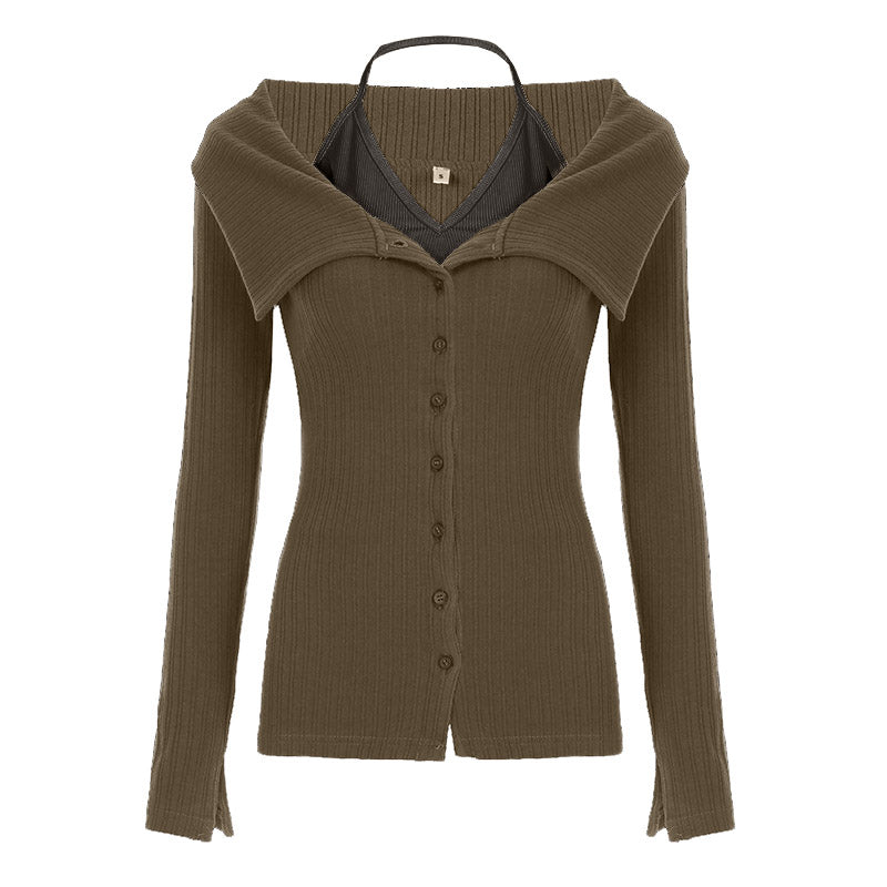 Long sleeve turnover collar halter button 2 piece top