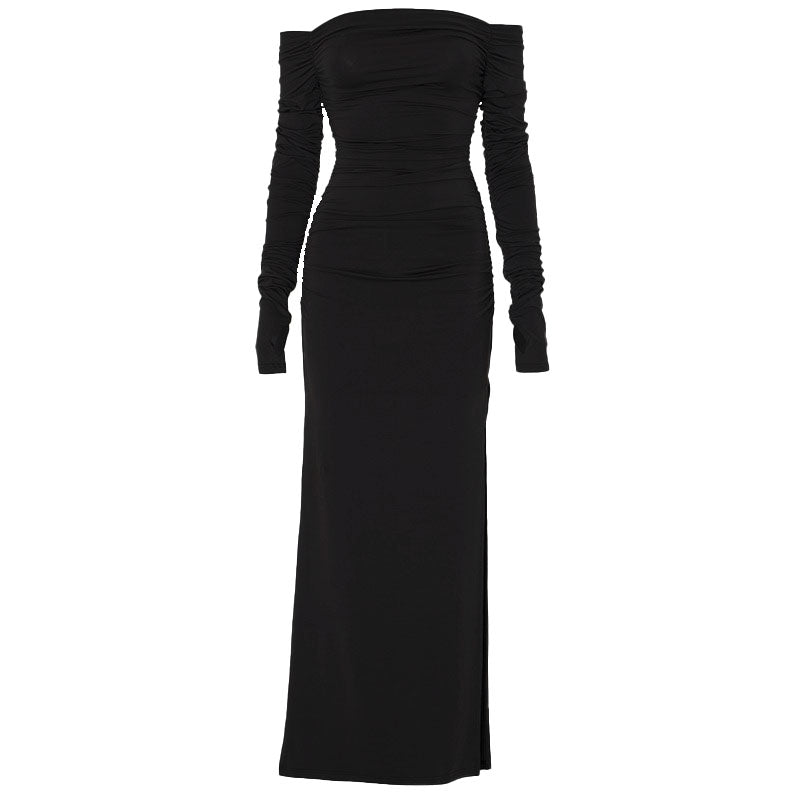 Off shoulder long sleeve slit ruched maxi dress