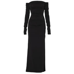 Off shoulder long sleeve slit ruched maxi dress