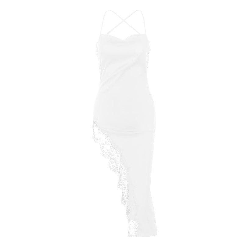 Hem lace slit satin cross open back dress  | black rave dress  | black rave dress