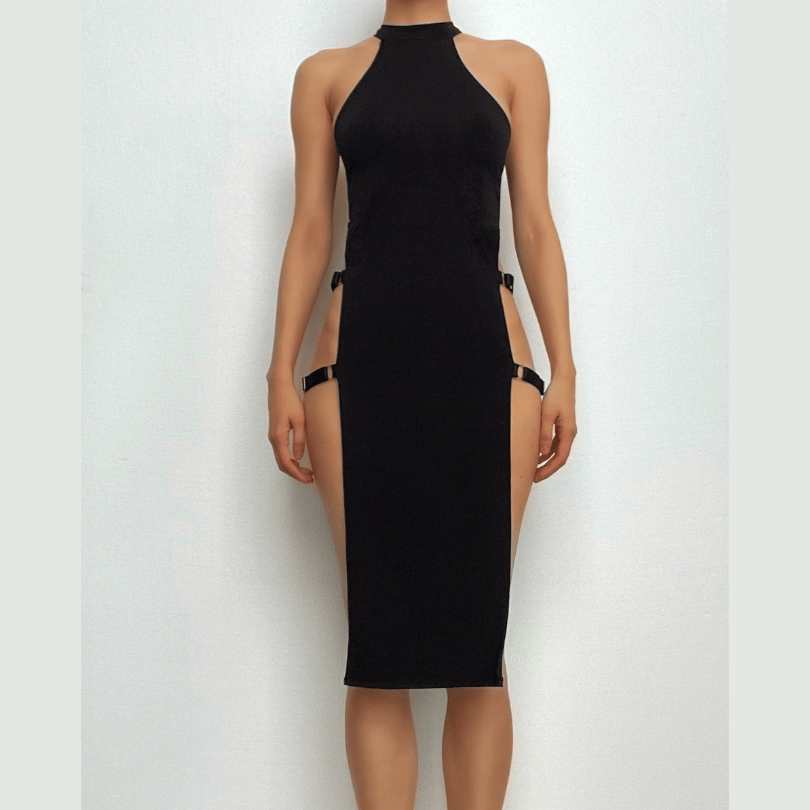 Buckle sleeveless solid slit halter mini dress  | red tango dress