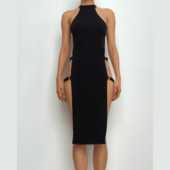 Buckle sleeveless solid slit halter mini dress  | red tango dress
