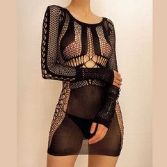 Fishnet long sleeve hollow out see through mini dress  | red tango dress