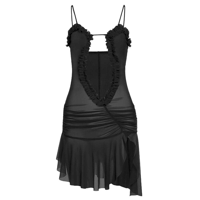 Ruched ruffle slit sheer mesh hollow out cami mini dress  | red tango dress  | samba dress