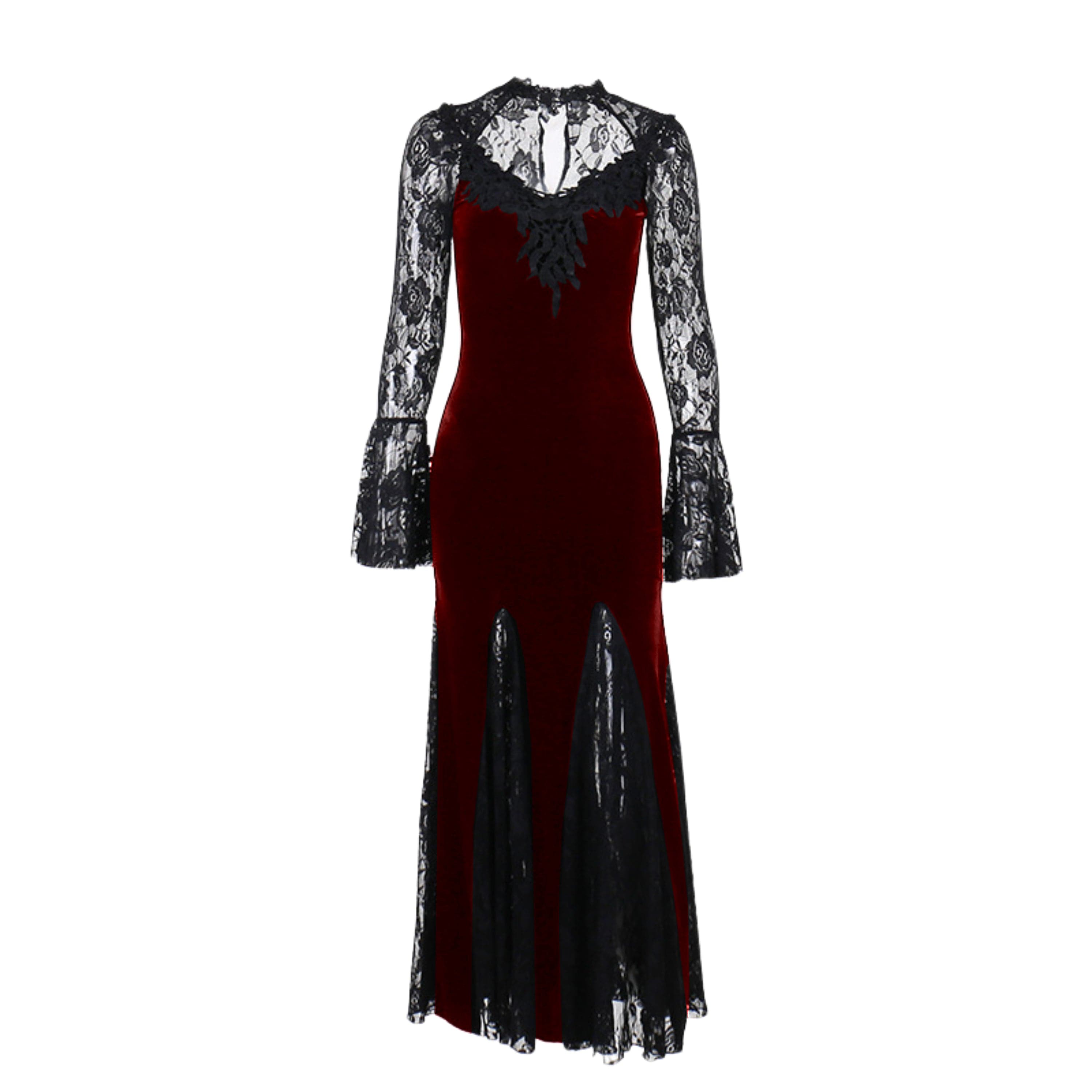 Long flared sleeve crewneck lace embroidery ruffle maxi dress  | red tango dress