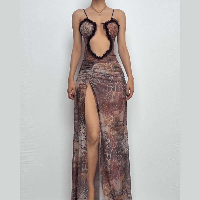 Sheer mesh hollow out ruched high slit cami cut out maxi dress  | samba dress