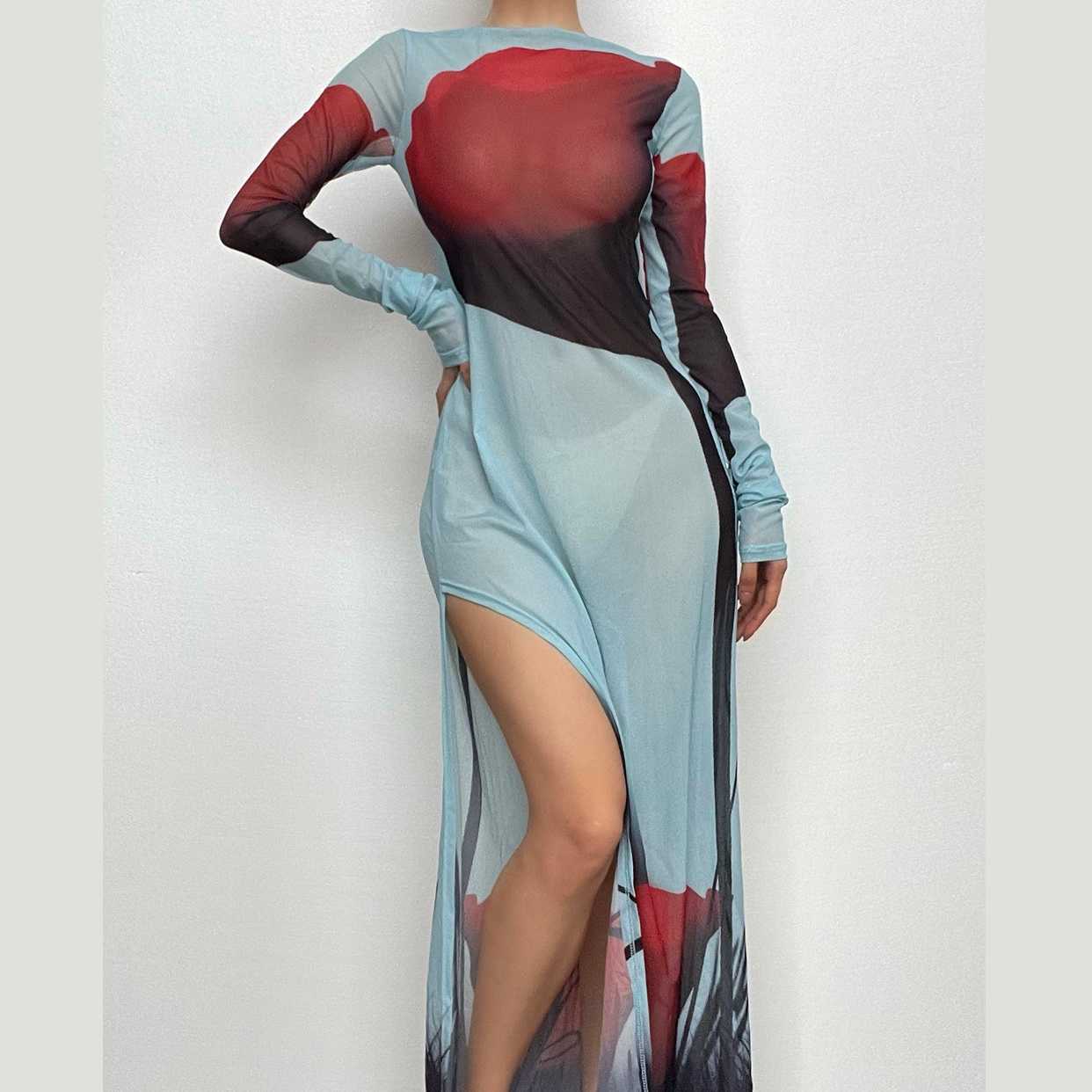 Sheer mesh see through abstract contrast long sleeve slit maxi dress  | samba dress