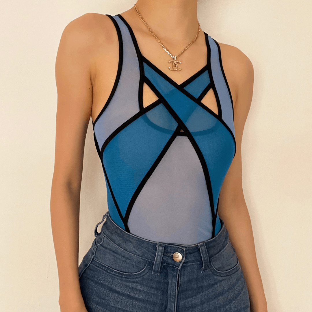 Hollow out patchwork mesh see through bodysuit