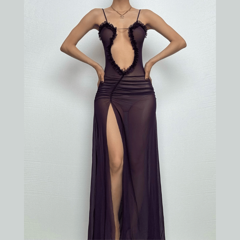 Sheer mesh hollow out ruched high slit cami cut out maxi dress  | samba dress