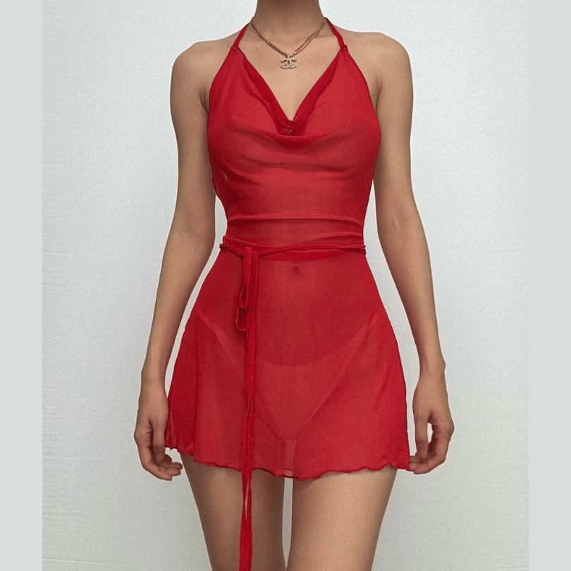Halter cowl neck sheer mesh ruffle mini dress  | red tango dress  | samba dress