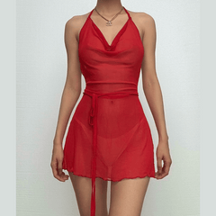 Halter cowl neck sheer mesh ruffle mini dress  | red tango dress  | samba dress