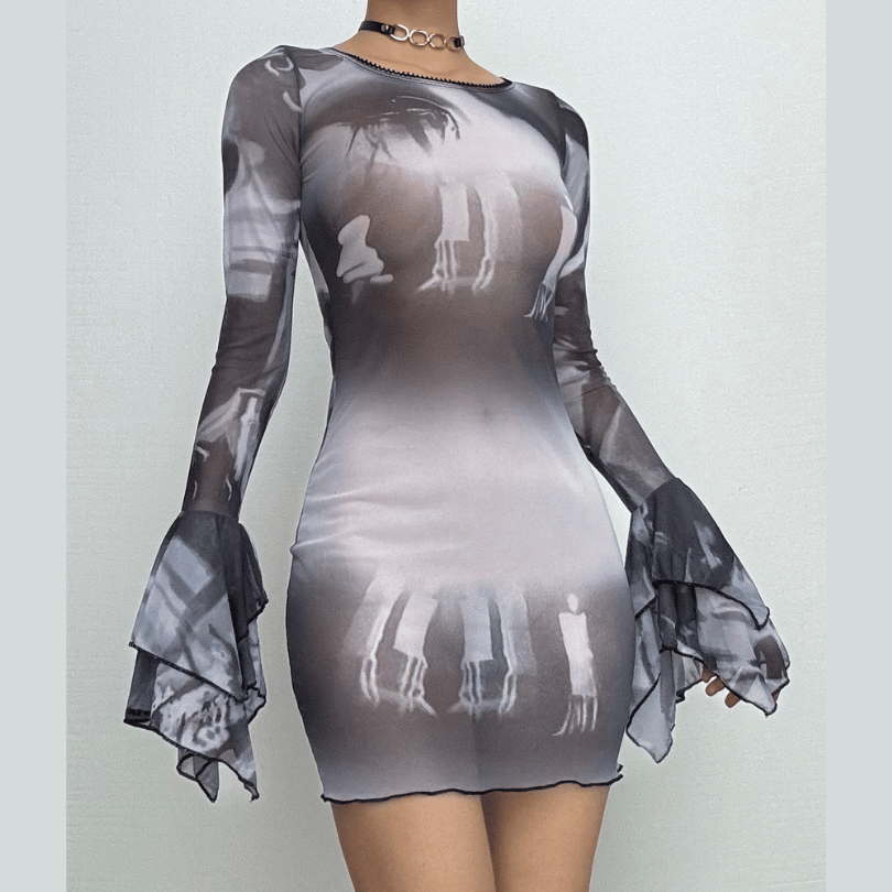 Long flared sleeve sheer mesh print ruffle mini dress  | samba dress