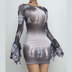 Long flared sleeve sheer mesh print ruffle mini dress  | samba dress