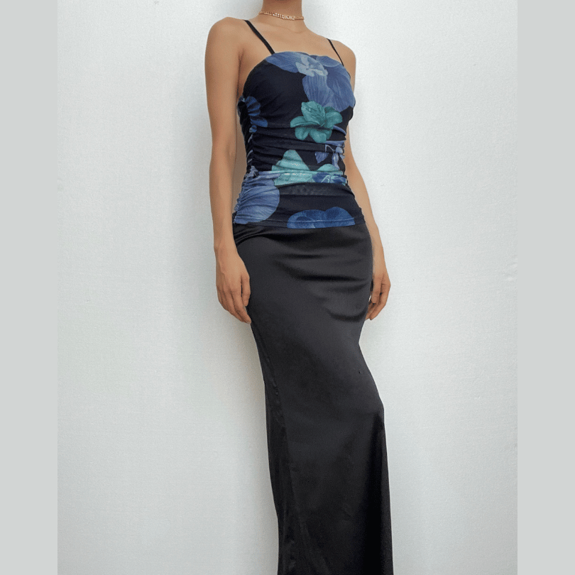 Ruched flower print zip-up square neck contrast slit maxi dress  | red tango dress
