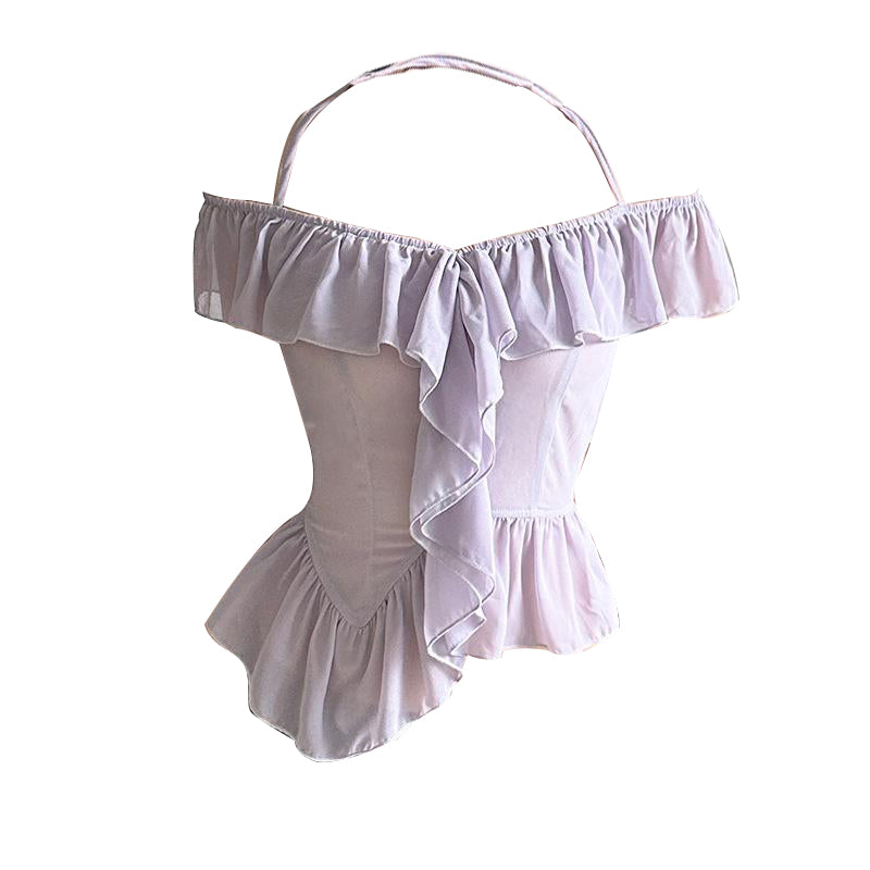Halter off shoulder ruffle irregular ruched top