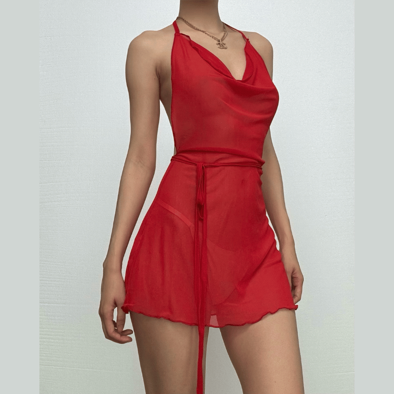 Halter cowl neck sheer mesh ruffle mini dress  | red tango dress  | samba dress