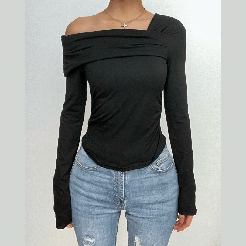 Ruched long sleeve off shoulder solid irregular top