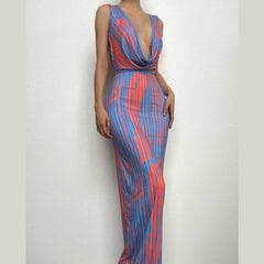 Contrast print cowl neck sleeveless backless maxi dress  | red tango dress