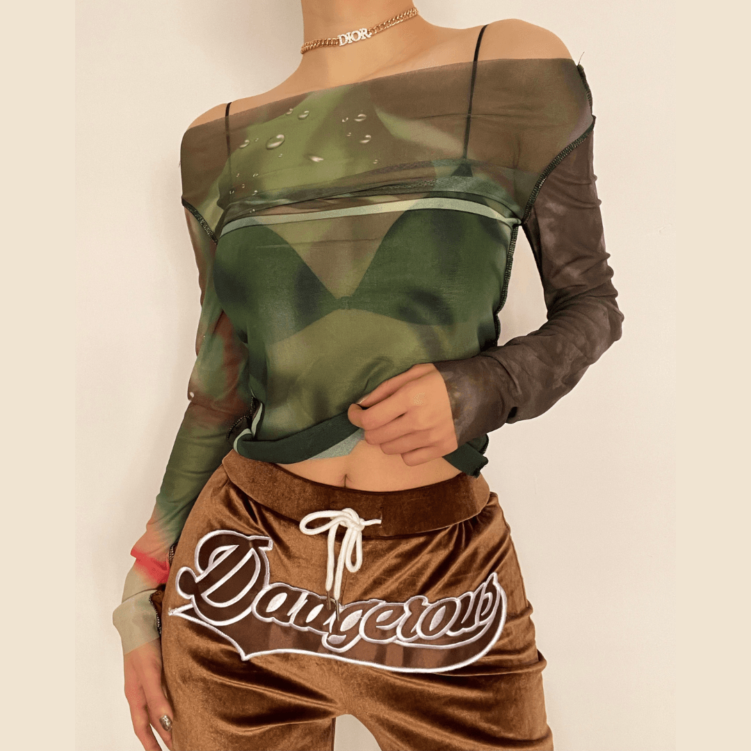 Long sleeve off shoulder sheer mesh see through print top