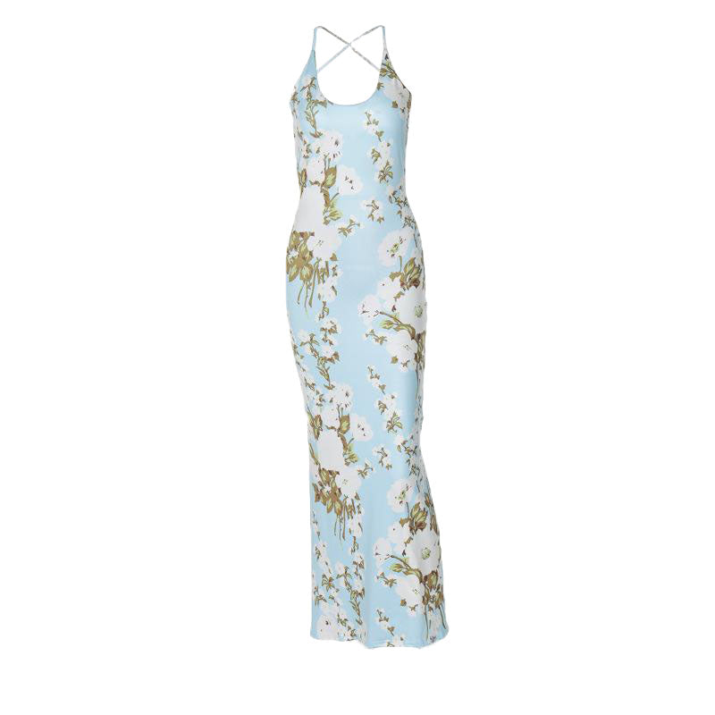 Flower print u neck cross back backless cami midi dress