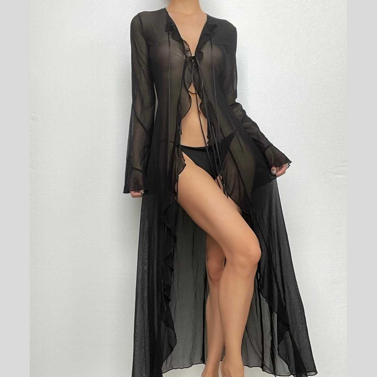 Flared sleeve ruffle sheer mesh see through self tie maxi dress  | samba dress
