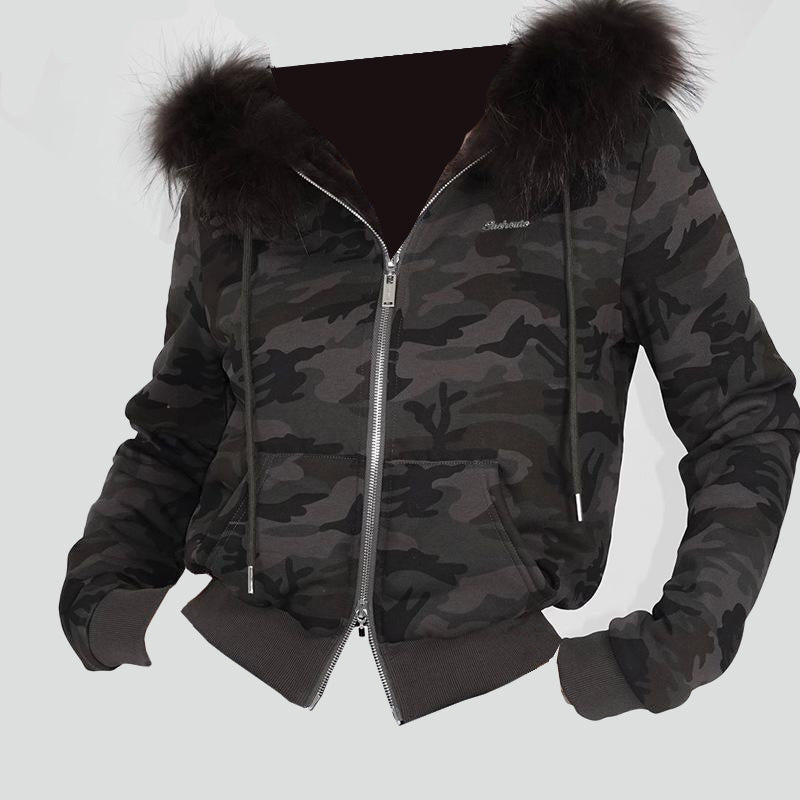 Hoodie long sleeve fluffy zip-up coat top