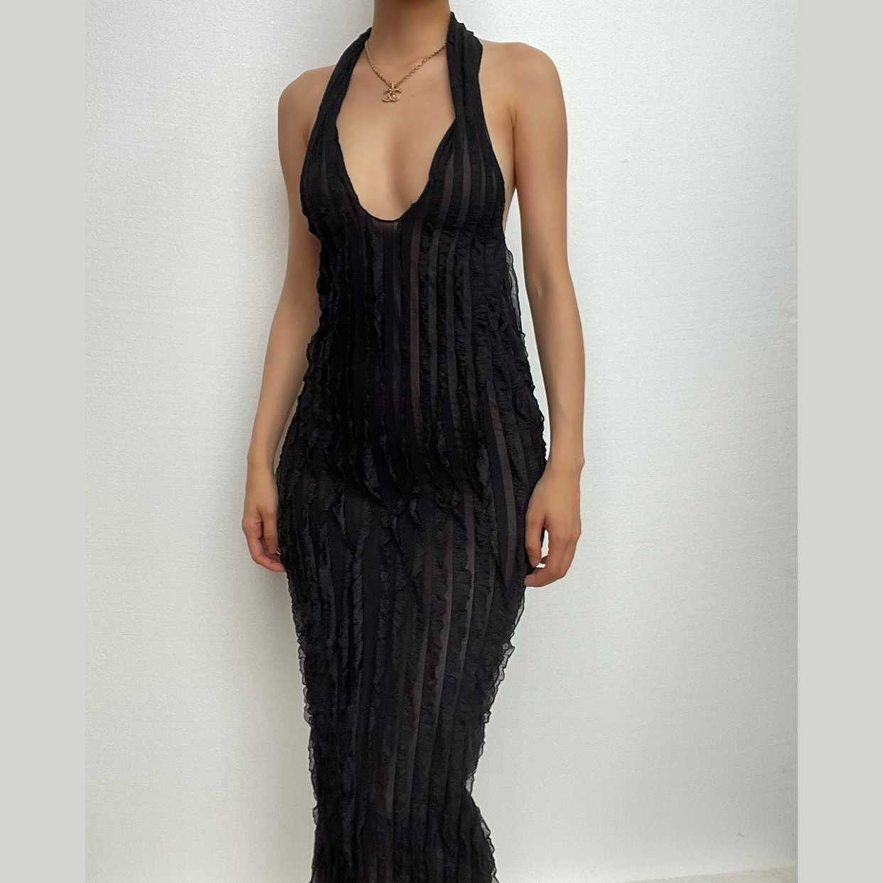 Textured ruffle solid halter self tie v neck backless maxi dress  | red tango dress