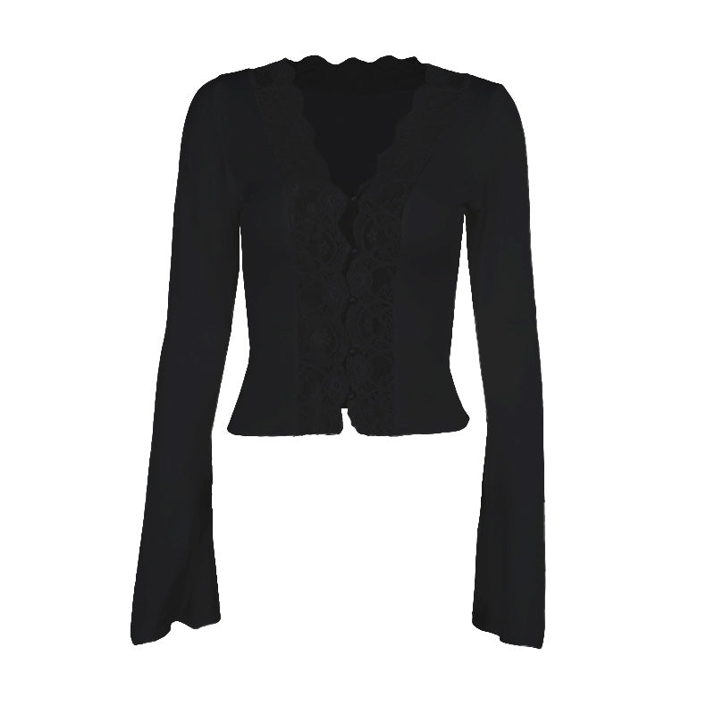 Long sleeve v neck lace hem button top