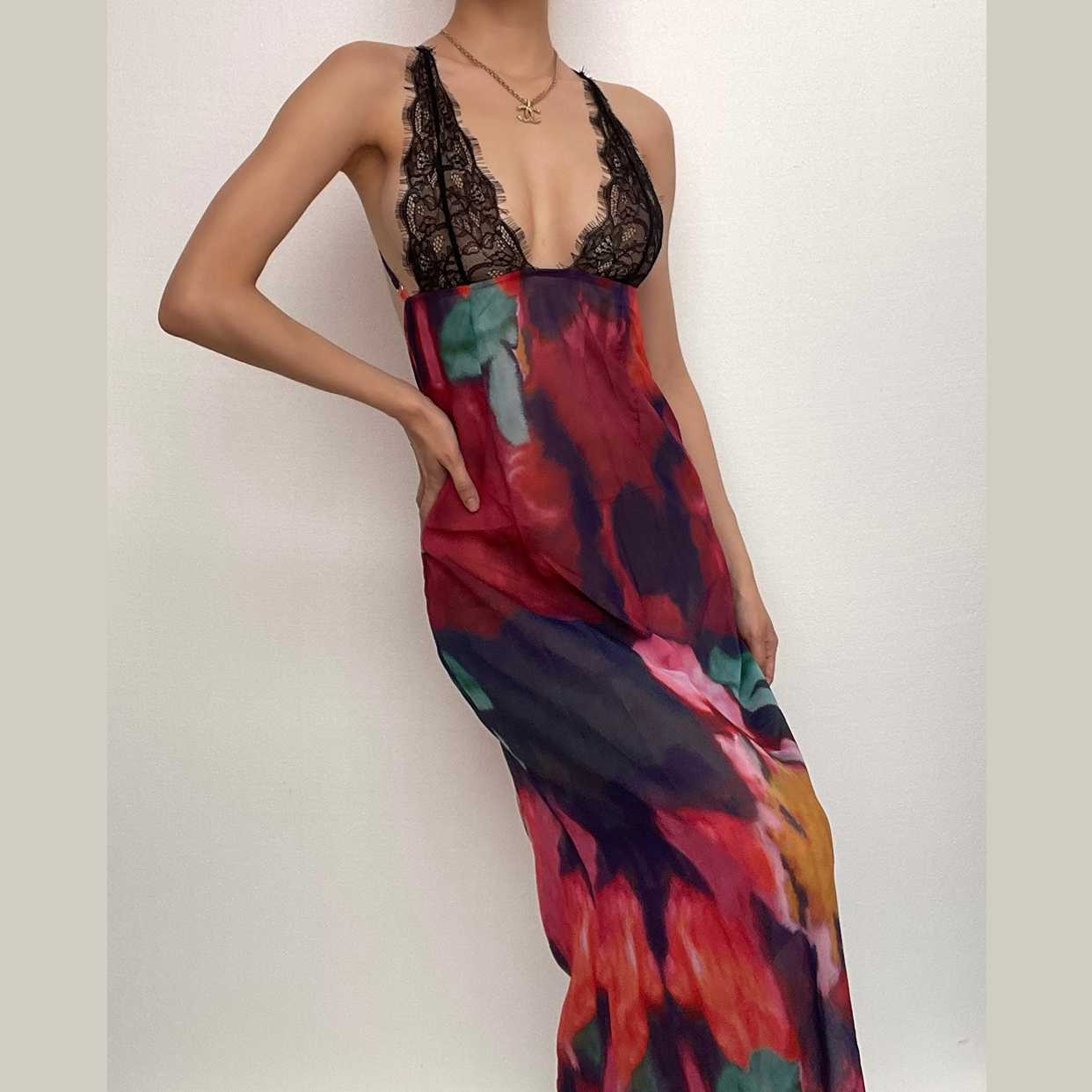 Cross back contrast leopard print v neck lace patchwork maxi dress  | red tango dress