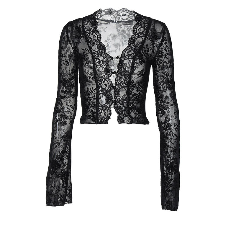 Long flared sleeve print lace hem button see through top