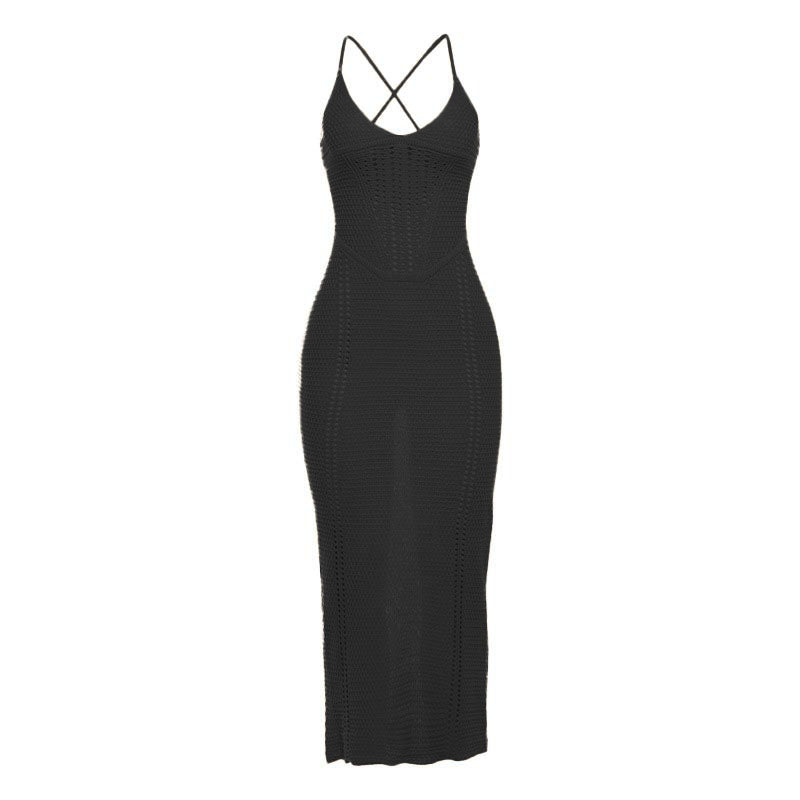Deep u neck knitted lace up cross back cami midi dress  | black rave dress