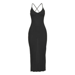 Deep u neck knitted lace up cross back cami midi dress  | black rave dress