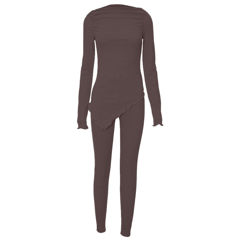 Long sleeve irregular ruched solid pant set