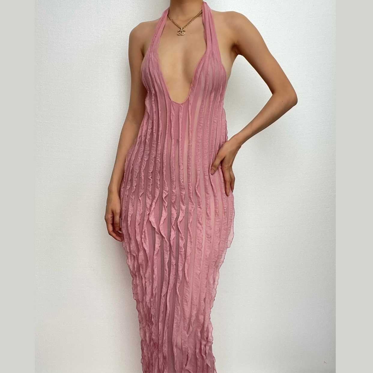 Textured ruffle solid halter self tie v neck backless maxi dress  | red tango dress