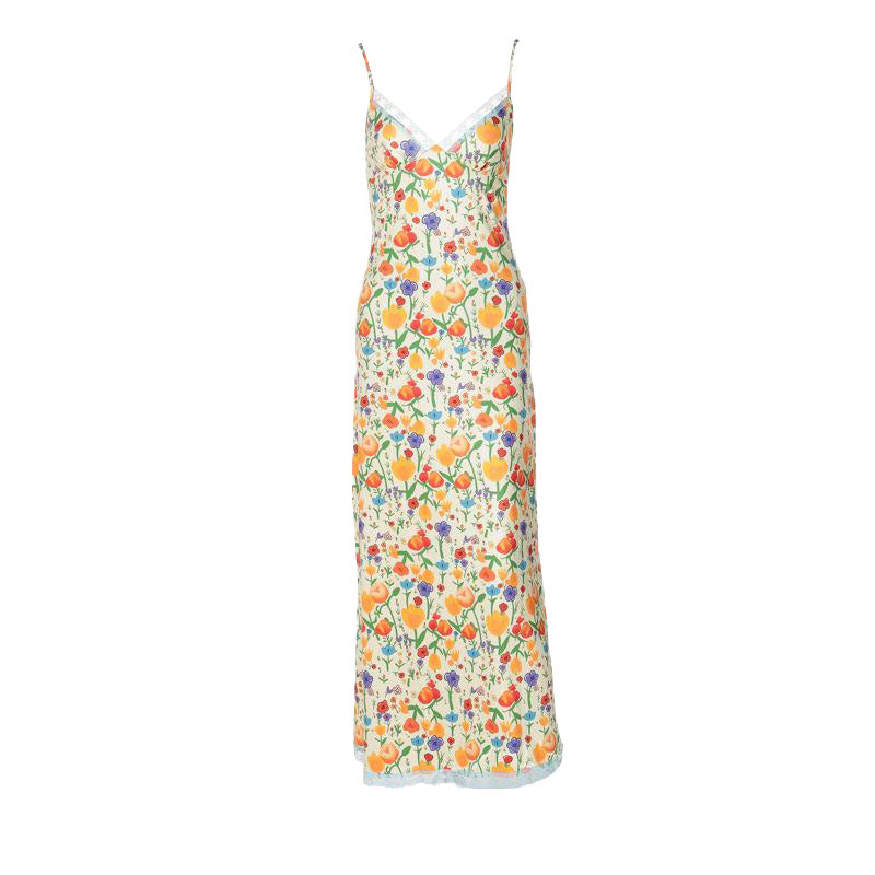 Print v neck lace hem knotted cami midi dress